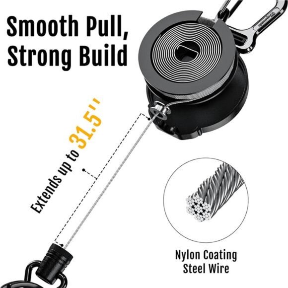 Retractable Badge Holder Keychain Tactical ID Card Holder Heavy Duty Black - Picture 4 of 7